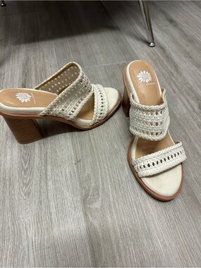 Yellow Box Cream Woven Block Heel Mules